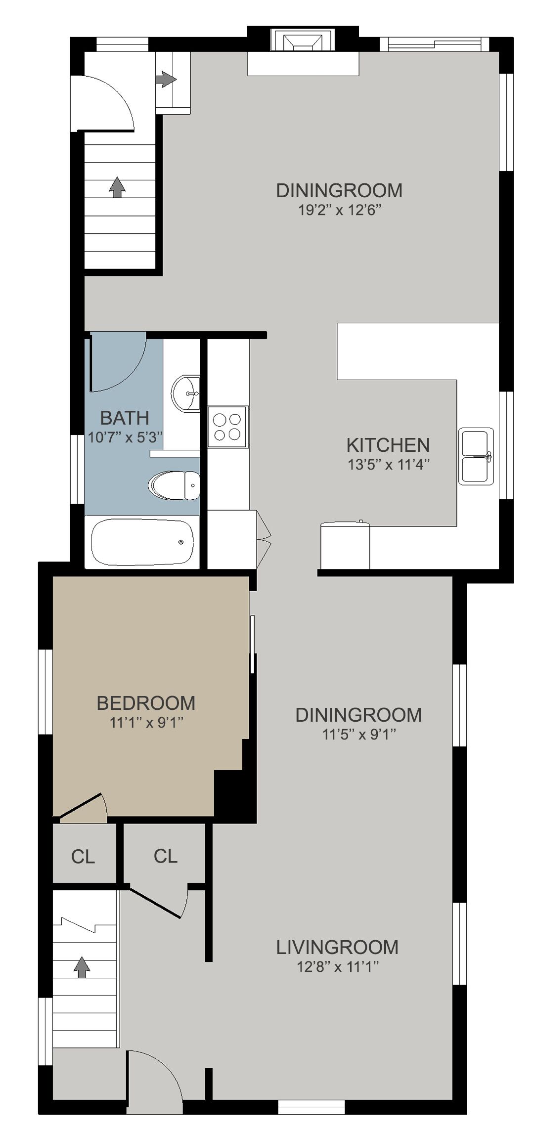 Plan d’étage d’une maison comprenant une salle à manger (5,84 m x 3,81 m), une cuisine (4,09 m x 3,45 m), deux autres salles à manger (3,48 m x 2,77 m), une chambre (3,38 m x 2,77 m) et un salon (3,88 m x 3,38 m).