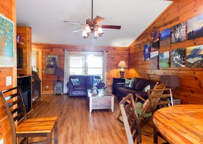 Smart TV, chimenea, reproductor de DVD y libros 