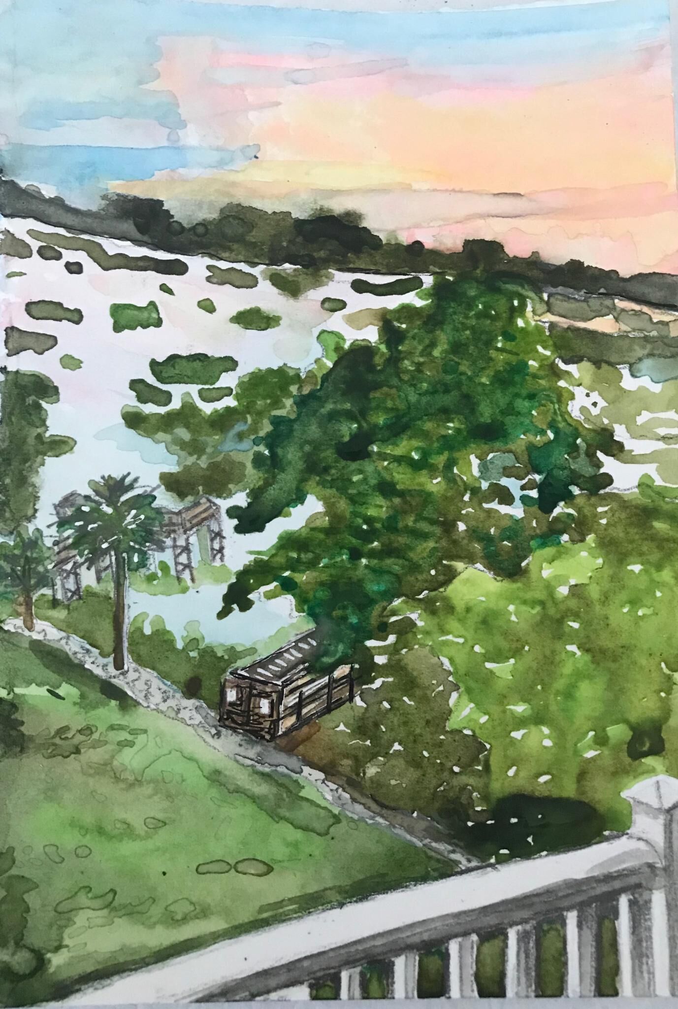 A landscape painting with a tree, a bridge, and a body of water.