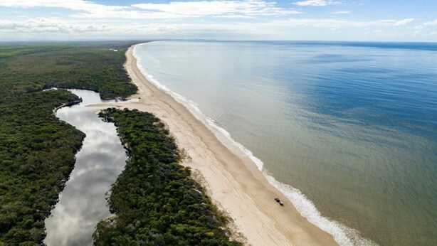 Vista aérea de una zona costera con playa de arena, vegetación verde exuberante y mar tranquilo.