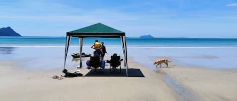 Playa en los alrededores, camastros y toallas de playa