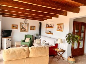 Televisio, takka, pöytätennispöytä, kirjoja