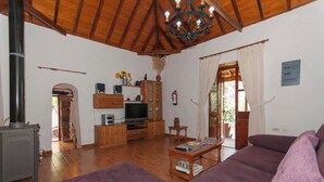 Una sala de estar con techo de madera, televisor, sofá y chimenea.