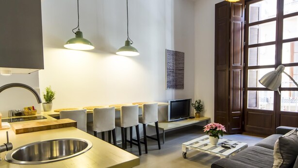 Een moderne keuken met een spoelbak, barstoelen, een eettafel en een televisie. Er is een bank en een salontafel met een plant.