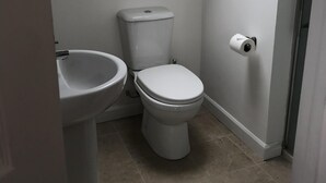 Pieni kylpyhuone, jossa on wc, pesuallas ja kattovalokuvio.