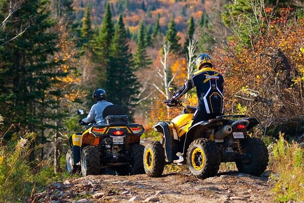 Dos personas en cuatrimotos por un sendero rocoso en un área boscosa.