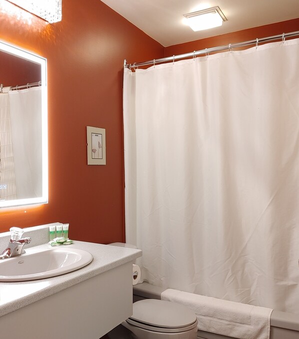 A bathroom with a white sink, a toilet, and a shower curtain.