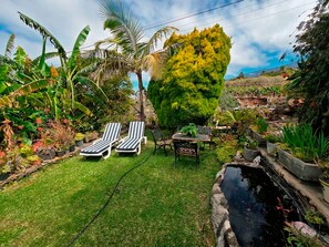A garden with a pond, lounge chairs, and a variety of plants. - West cost of La Palma, views and tranquility (La Punta)