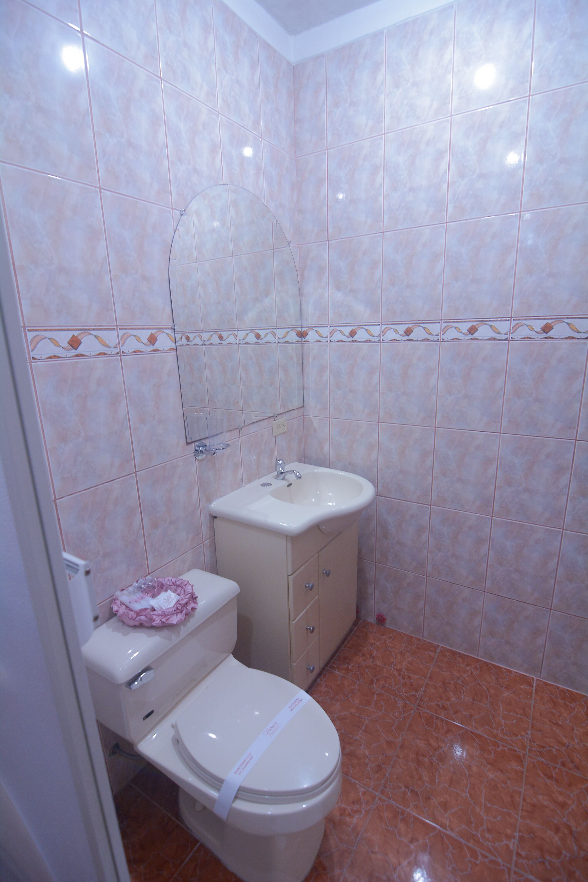 Une salle de bain avec des toilettes, un lavabo et un miroir.