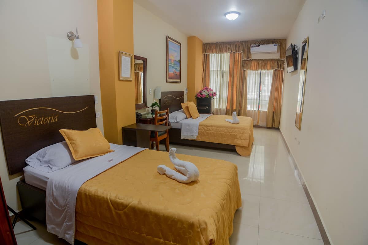 Habitación de hotel con dos camas, un escritorio, una silla, un espejo, un cuadro y una ventana con cortinas.