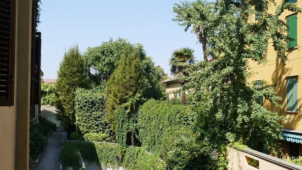 Une cour bordée d’une végétation luxuriante, un escalier et des bâtiments aux volets verts.
