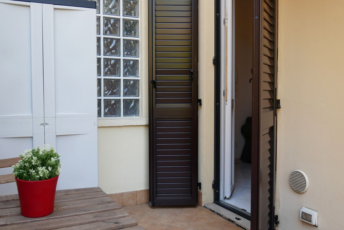 A door with horizontal slats, a potted plant, and a window with multiple panes.