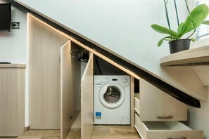 A compact laundry room with a washing machine, a wooden cabinet, and a potted plant.