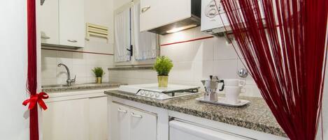 Fridge, oven, coffee/tea maker, toaster