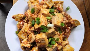 Une assiette de tofu garnie d’oignons verts, le tout présenté sur une assiette blanche.