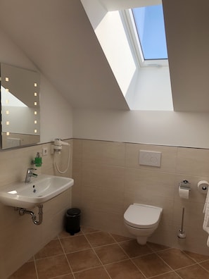 Une salle de bain moderne dotée d’un puits de lumière, d’un lavabo, de toilettes et d’un bidet.