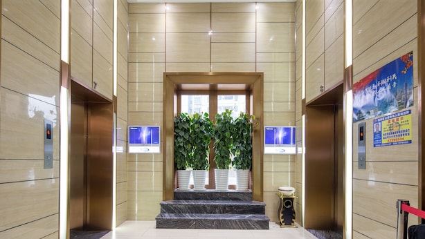 Een modern lifthoek met een marmeren vloer, een houten deur en een groene plant.