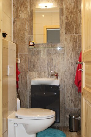 Regadera, toallas, papel de baño 