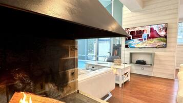 Télévision, cheminée, lecteur de DVD, table de tennis de table