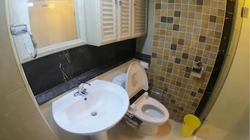 A bathroom with a white sink, a toilet, and a shower area.