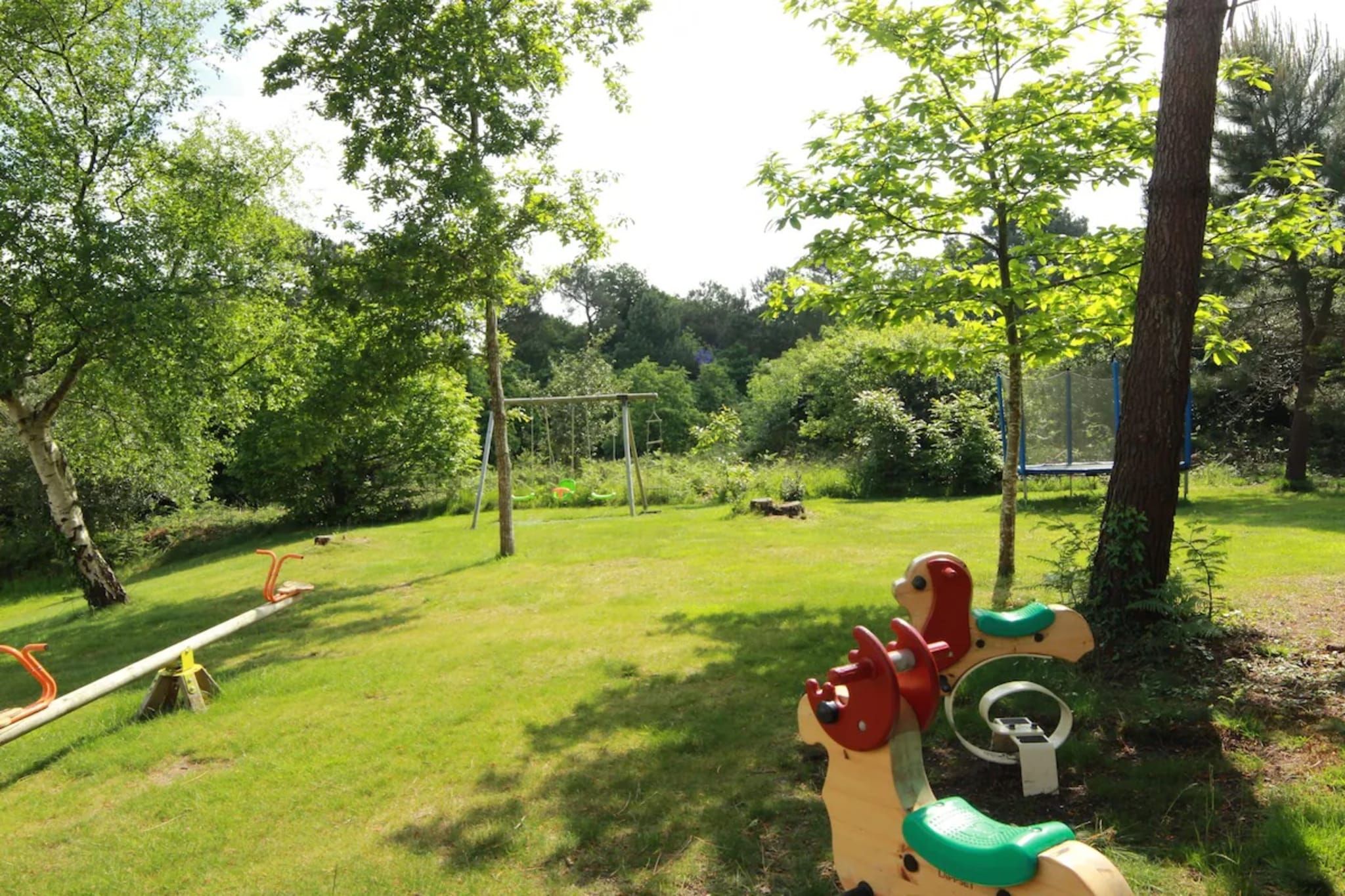 Ein Spielplatz mit Schaukeln und Wippe in einer grünen, von Bäumen umgebenen Fläche.