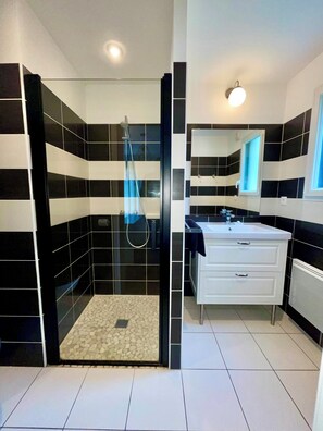 Shower, free toiletries, hair dryer, toilet paper