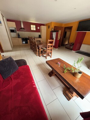 Televisión, reproductor de DVD, mesa de ping pong