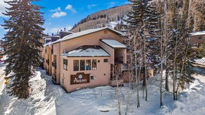 A snow-covered lodge with a sign reading "Angelhaus." - Newly Renovated, One Bedroom Condominium at Purgatory Steps From Slopes (Durango)