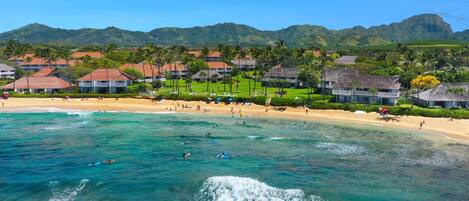 Plage à proximité, chaises longues, serviettes de plage