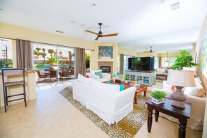 Smart TV, fireplace, DVD player, books