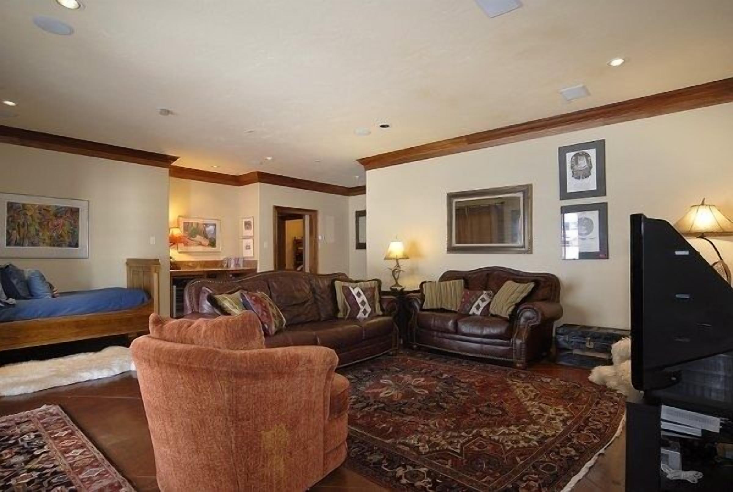 A living room with a brown sofa, a brown armchair, a large rug, and a television.