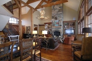 Smart TV, fireplace, video games, DVD player
