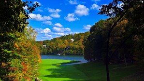 A golf course with a lake, surrounded by trees and houses.