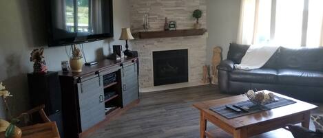 Smart TV, fireplace, DVD player, stereo
