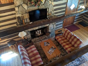 Televisión, chimenea y libros 