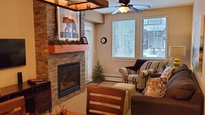 Smart TV, fireplace, DVD player, books