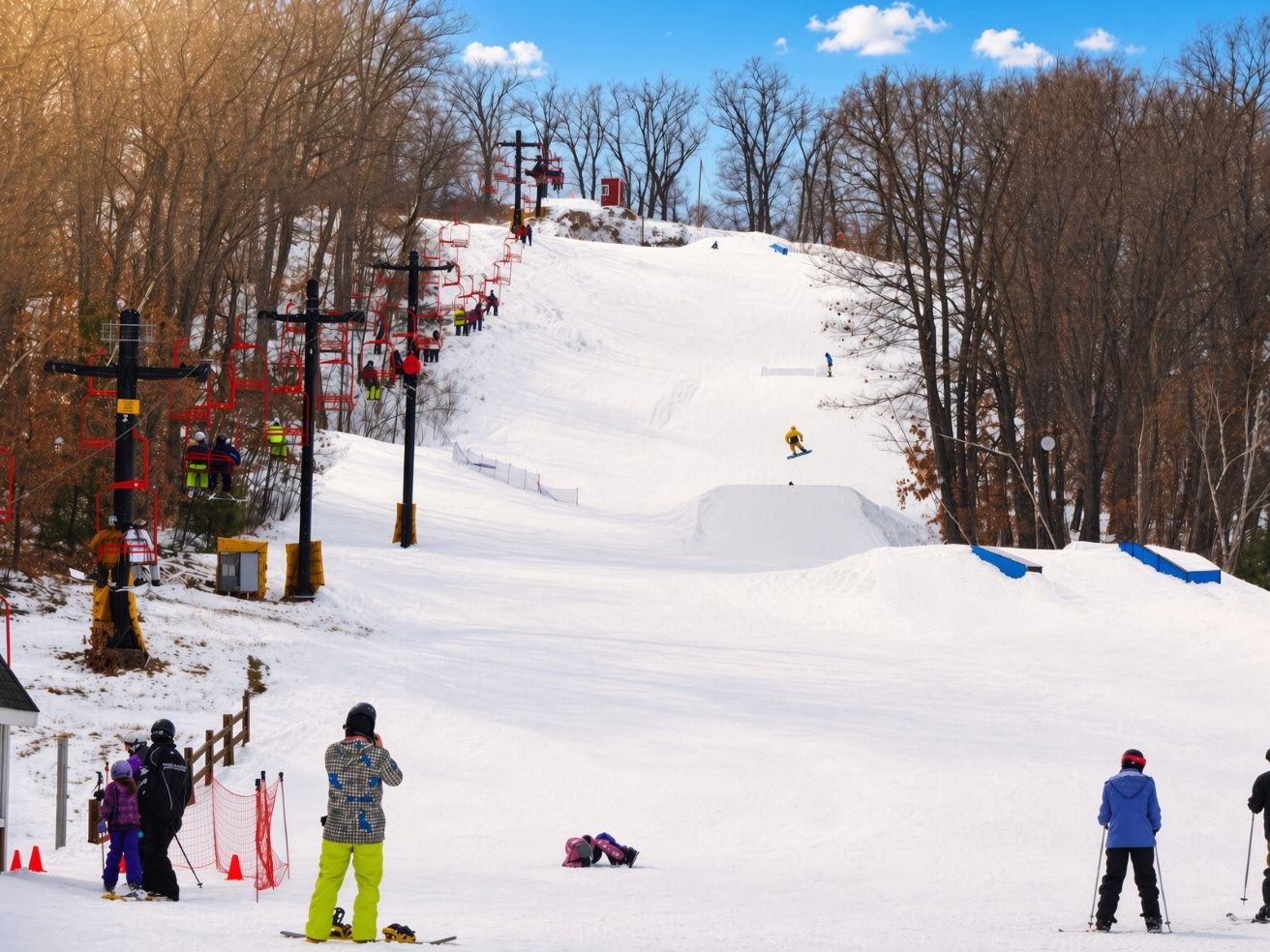 A snowy ski slope with a chairlift, trees, and skiers.