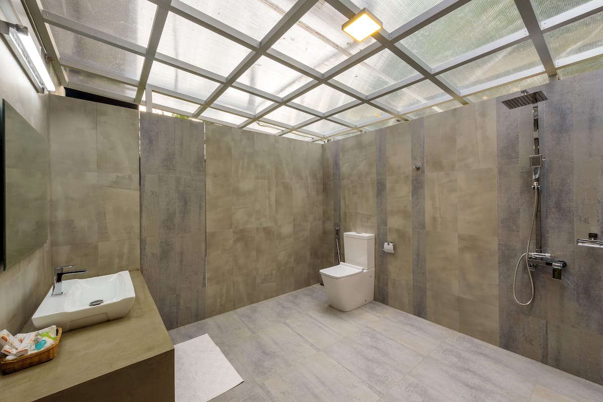 deluxe double room | bathroom | shower, free toiletries, towels