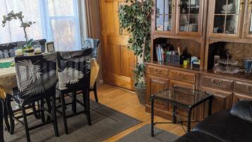 Smart TV, fireplace, DVD player, books