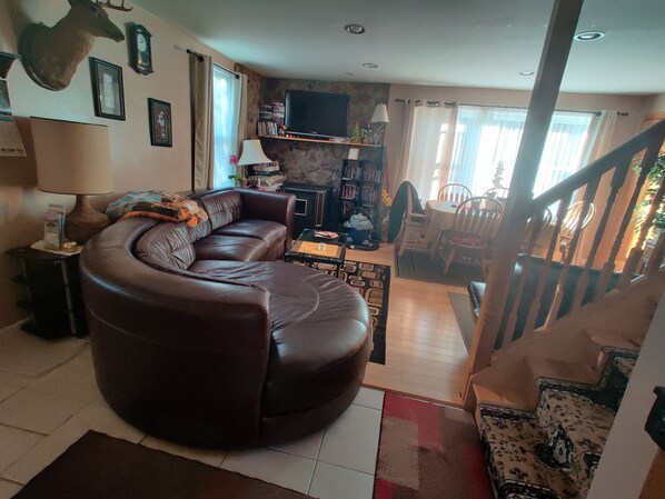 Smart TV, fireplace, DVD player, books