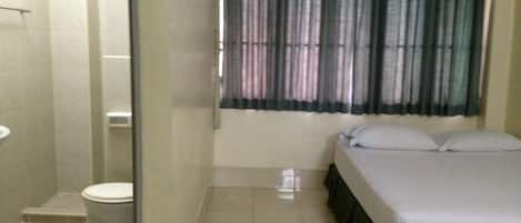 Una habitación con cama, inodoro y ducha.