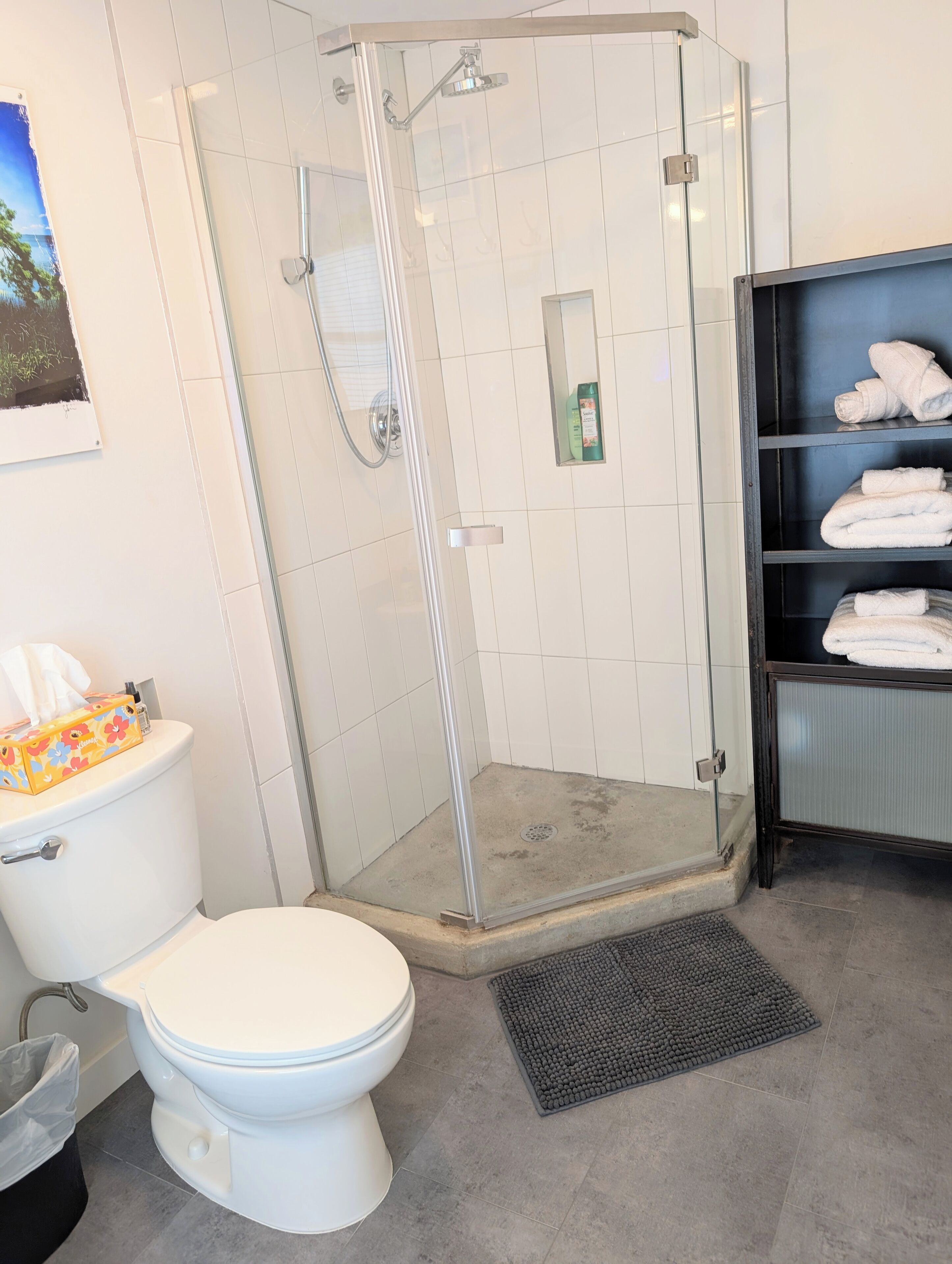 Ein Badezimmer mit einer Duschkabine, einer Toilette und einem Regal mit gefalteten Handtüchern.