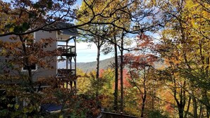 Ein Haus, umgeben von Herbstlaub, mit Blick auf ferne Hügel.