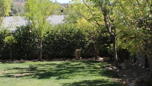 A grassy backyard with trees and a house in the background. - The Decanted Chateau; a two minute drive to Downtown Murphys (Vallecito)
