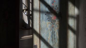 Une pièce dotée d’un plancher en bois, d’une porte ornée de motifs floraux et d’une ombre projetée par une fenêtre.