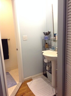 Bathtub, hair dryer, towels, soap