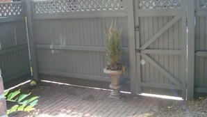 A gated backyard with a potted plant in the center. - Elegant Back Bay Brownstone-Comm Av 1+ Bed - 1 Week Min, beyond 2 wks considered (Boston)