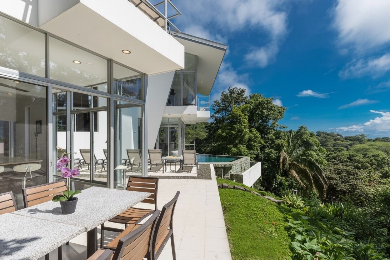 Una casa moderna con fachada de vidrio, piscina y un jardín exuberante.