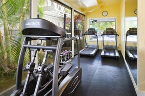 A gym with Landice treadmills, a weight bench, and dumbbells. - Amazing Kauai 2 BR Condo Ocean View (Princeville)