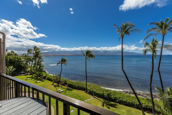 Una terraza con vistas al mar tranquilo, palmeras y una cadena montañosa distante.